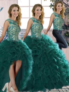 Simple Peacock Green Three Pieces Organza Scoop Sleeveless Beading and Ruffles Floor Length Lace Up 15 Quinceanera Dress