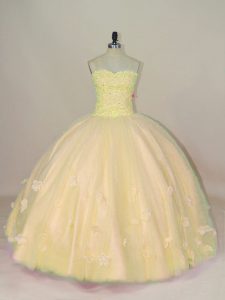 Beautiful Floor Length Peach 15 Quinceanera Dress Tulle Sleeveless Beading and Hand Made Flower