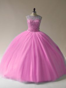Colorful Baby Pink Scoop Neckline Beading Ball Gown Prom Dress Sleeveless Lace Up