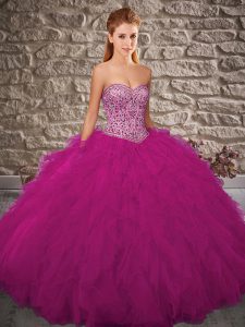 Sophisticated Sleeveless Floor Length Beading and Ruffles Lace Up Quinceanera Dress with Fuchsia