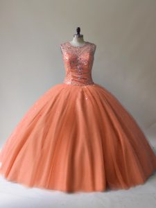 Floor Length Orange Vestidos de Quinceanera Tulle Sleeveless Beading