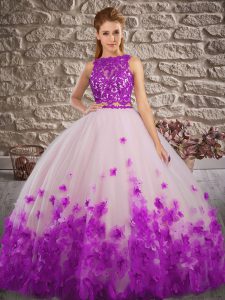 Great White And Purple Sleeveless Floor Length Lace and Appliques Backless Quinceanera Gowns