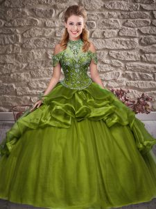 Sleeveless Floor Length Beading and Ruffles Lace Up Quinceanera Dress with Olive Green