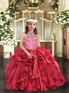 Best Ball Gowns Little Girls Pageant Dress Wholesale Red Halter Top Organza Sleeveless Floor Length Lace Up