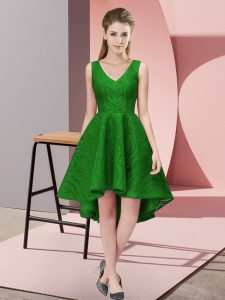 Green A-line Lace V-neck Sleeveless Lace High Low Zipper Court Dresses for Sweet 16
