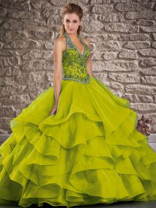 Vintage Olive Green Quinceanera Dress Military Ball and Sweet 16 and Quinceanera with Beading and Ruffles Halter Top Sleeveless Brush Train Lace Up