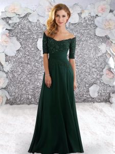 Half Sleeves Zipper Floor Length Beading and Lace Evening Dress