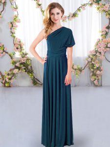 Chiffon One Shoulder Sleeveless Criss Cross Ruching Damas Dress in Teal