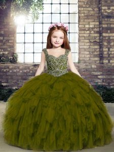 Floor Length Lace Up Evening Gowns Olive Green for Party and Military Ball and Wedding Party with Beading and Ruffles