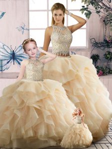 Exceptional Tulle Sleeveless Floor Length Quinceanera Gown and Beading and Ruffles