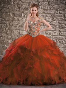 Rust Red Off The Shoulder Lace Up Beading and Ruffles Sweet 16 Dress Brush Train Cap Sleeves