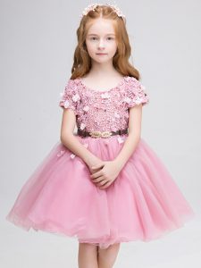 Fancy Pink Ball Gowns Lace and Belt Toddler Flower Girl Dress Lace Up Tulle Short Sleeves Mini Length