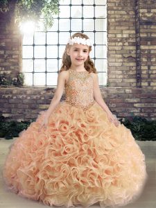 Amazing Beading Girls Pageant Dresses Peach Lace Up Sleeveless Floor Length