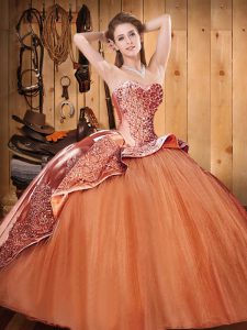 Best Selling Sweetheart Sleeveless Brush Train Lace Up Quinceanera Gowns Orange Red Satin and Tulle
