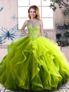 Modern Olive Green Tulle Lace Up Scoop Sleeveless Floor Length Quinceanera Gowns Beading and Ruffles