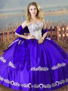 Floor Length Blue 15th Birthday Dress Satin Sleeveless Beading and Embroidery