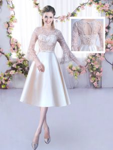 Hot Sale Satin Scoop 3 4 Length Sleeve Lace Up Lace and Belt Damas Dress in Champagne