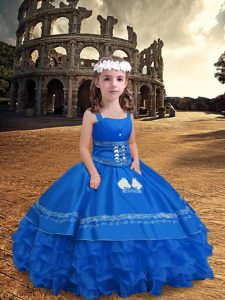 Elegant Straps Sleeveless Girls Pageant Dresses Floor Length Embroidery and Ruffled Layers Blue Satin and Organza