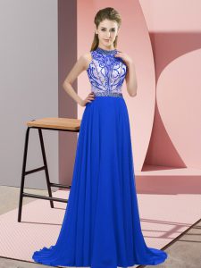 High Class Blue Empire Halter Top Sleeveless Chiffon Brush Train Backless Beading Prom Evening Gown