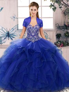 Extravagant Royal Blue Tulle Lace Up Vestidos de Quinceanera Sleeveless Floor Length Beading and Ruffles