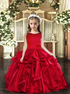 Stylish Red Scoop Neckline Ruffles Little Girls Pageant Dress Sleeveless Lace Up