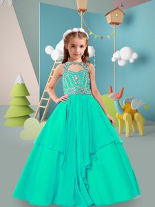 Cheap Ball Gowns Pageant Gowns For Girls Turquoise High-neck Chiffon Sleeveless Floor Length Zipper