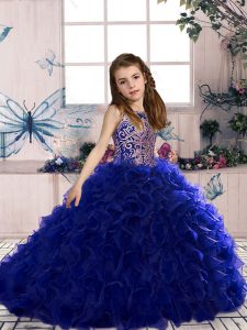 Royal Blue Scoop Lace Up Beading and Ruffles Winning Pageant Gowns Sleeveless