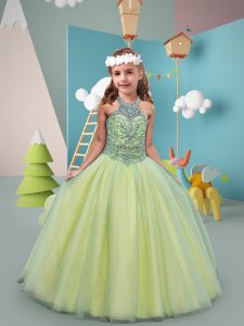 Yellow Green Sleeveless Tulle Sweep Train Lace Up Pageant Gowns For Girls for Wedding Party