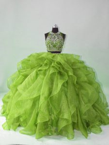 Beading and Ruffles Quinceanera Dress Green Backless Sleeveless Brush Train
