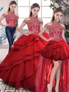 Red Quinceanera Dress Organza Sleeveless Beading and Ruffles