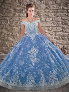 Blue Ball Gowns Tulle and Lace Off The Shoulder Sleeveless Beading and Appliques Lace Up 15 Quinceanera Dress Brush Train