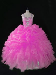 Fashionable Rose Pink Sleeveless Organza Zipper Quince Ball Gowns for Sweet 16 and Quinceanera