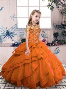 Popular Orange Red Ball Gowns High-neck Sleeveless Organza Floor Length Lace Up Beading Little Girl Pageant Dress