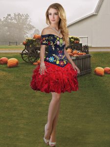 Extravagant Wine Red Lace Up Off The Shoulder Embroidery and Ruffles Homecoming Dress Organza Sleeveless