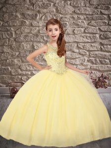 Yellow Ball Gowns Tulle Scoop Sleeveless Beading Lace Up Kids Formal Wear Sweep Train