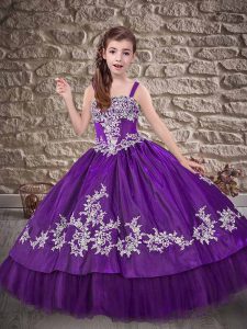 Floor Length Purple Little Girls Pageant Gowns Taffeta Sleeveless Appliques