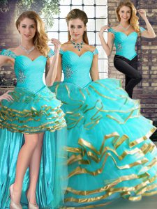 Ideal Floor Length Aqua Blue Sweet 16 Dress Tulle Sleeveless Beading and Ruffled Layers