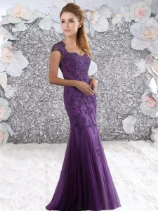 Admirable Purple Straps Zipper Appliques Prom Gown Cap Sleeves