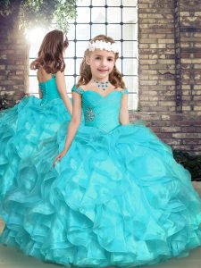 Elegant Aqua Blue Lace Up Straps Beading and Ruffles Pageant Gowns For Girls Organza Sleeveless