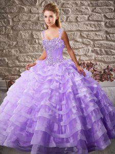 Sleeveless Court Train Beading and Ruffled Layers Lace Up 15th Birthday Dress