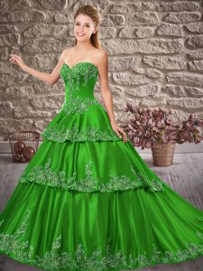 Ideal Sweetheart Sleeveless Satin Sweet 16 Quinceanera Dress Appliques Brush Train Lace Up