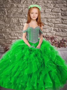 Classical Sleeveless Floor Length Beading and Ruffles Lace Up Little Girls Pageant Dress with Green