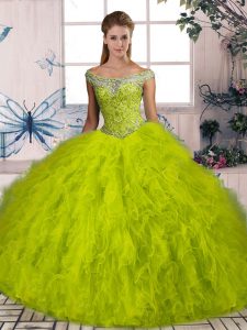 Noble Sleeveless Beading and Ruffles Lace Up Quinceanera Dress with Olive Green Brush Train