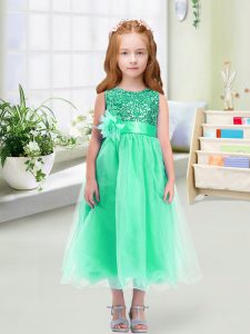 Turquoise Empire Sequins and Hand Made Flower Flower Girl Dresses Zipper Organza Sleeveless Tea Length