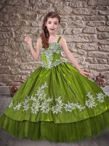 Floor Length Olive Green Pageant Gowns For Girls Taffeta Sleeveless Appliques