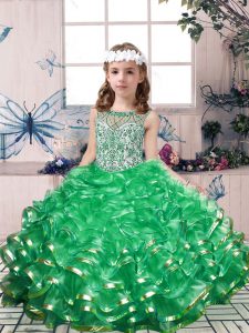 Beading and Ruffles Little Girls Pageant Dress Wholesale Green Lace Up Sleeveless Floor Length