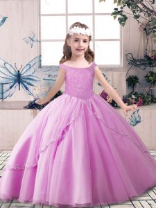 Low Price Lilac Lace Up Off The Shoulder Beading Pageant Gowns For Girls Tulle Sleeveless