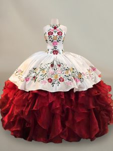 Fancy Red Organza Lace Up Halter Top Sleeveless Floor Length Quinceanera Gown Embroidery and Ruffles