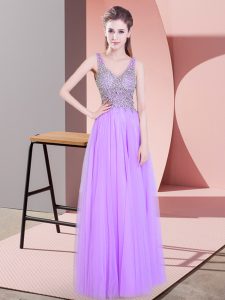 Floor Length Lavender Tulle Sleeveless Beading
