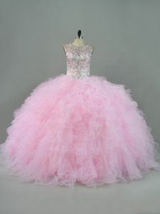 Tulle Scoop Sleeveless Lace Up Beading and Ruffles 15 Quinceanera Dress in Baby Pink